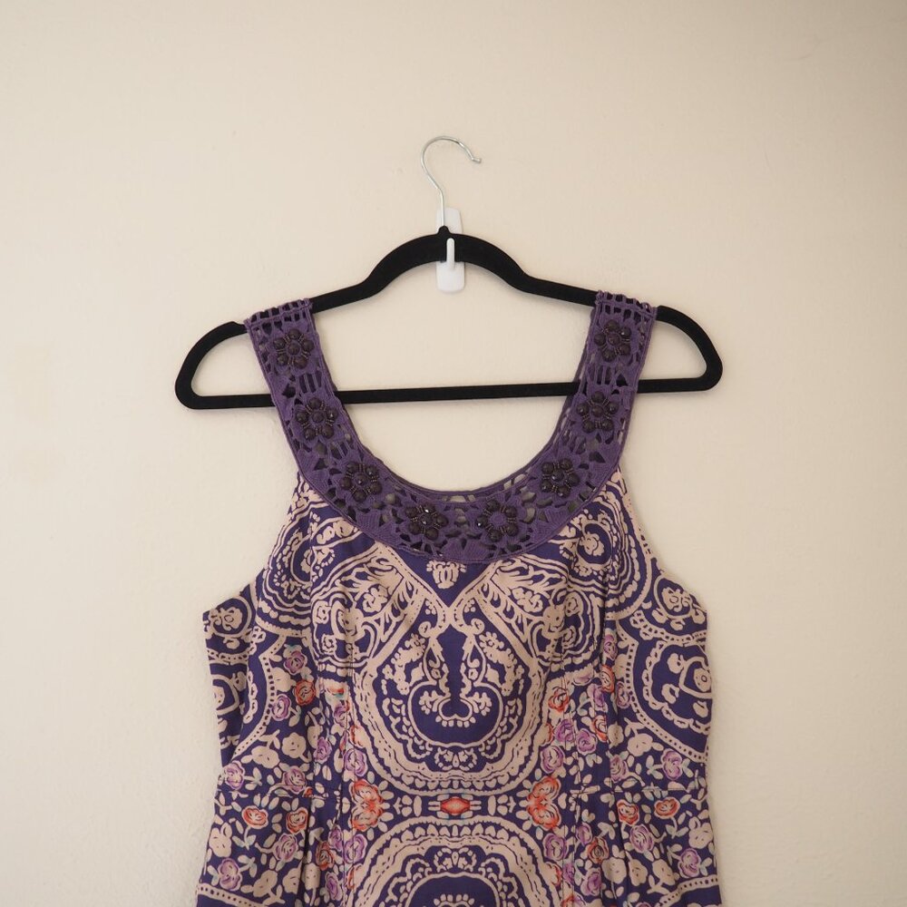 !! Free People Purple Folklore Paisley Sleeveless Dress w/ Jewel Trim sz 6 - Picture 5 of 9
